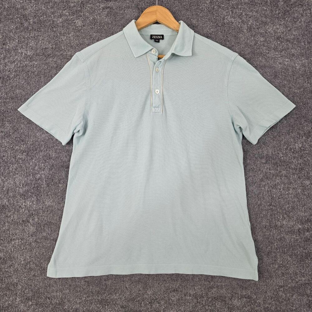 Zegna Shirt Men 50 Pique Cotton Polo Blue Minimalist Luxury Casual Preppy Work